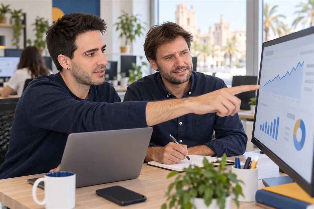 Equipo de Seo Solutions revisando la analítica de posicionamiento de un cliente